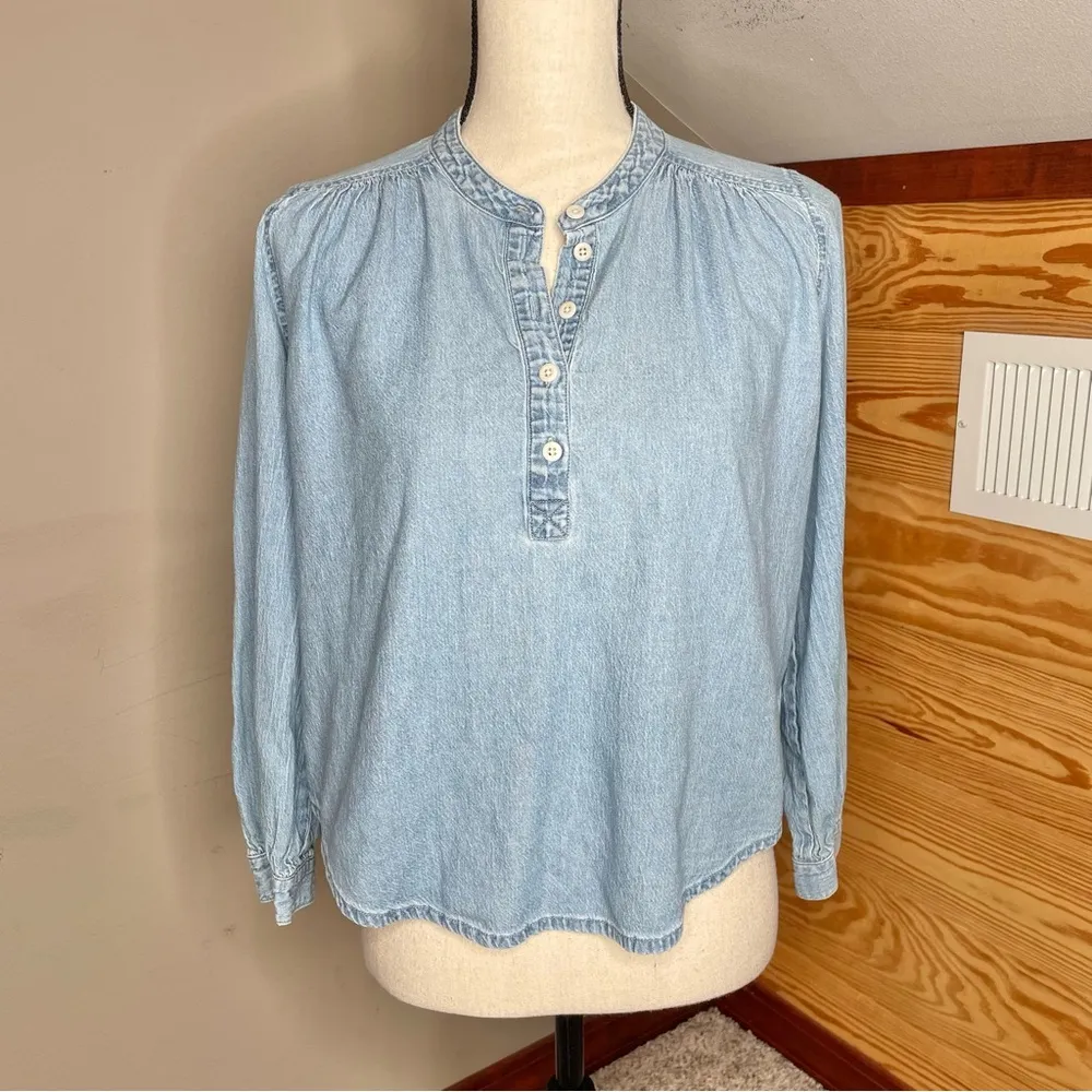 Madewell Denim Shirred Popover Top in Emmie Wash Extra Small Jean Half Button 1 - Image 2