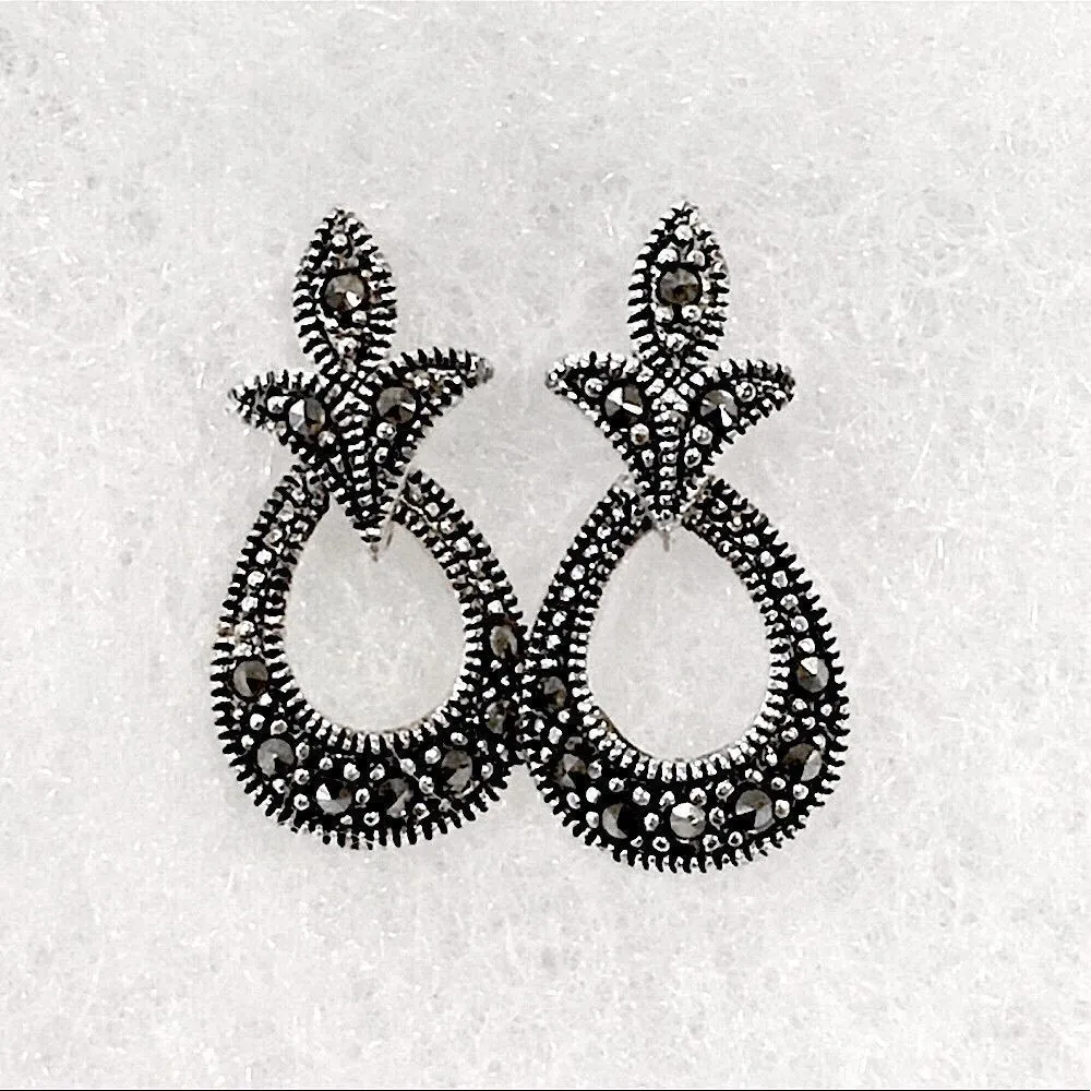 Fleur De Lis Style Marcasite Sterling Silver Drop Earrings - Image 7