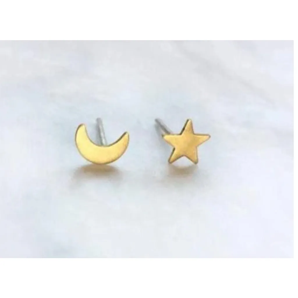 NEW Unisex Asymmetric Gold‎ Plated S925 Moon and Star Stud Earrings - Image 14