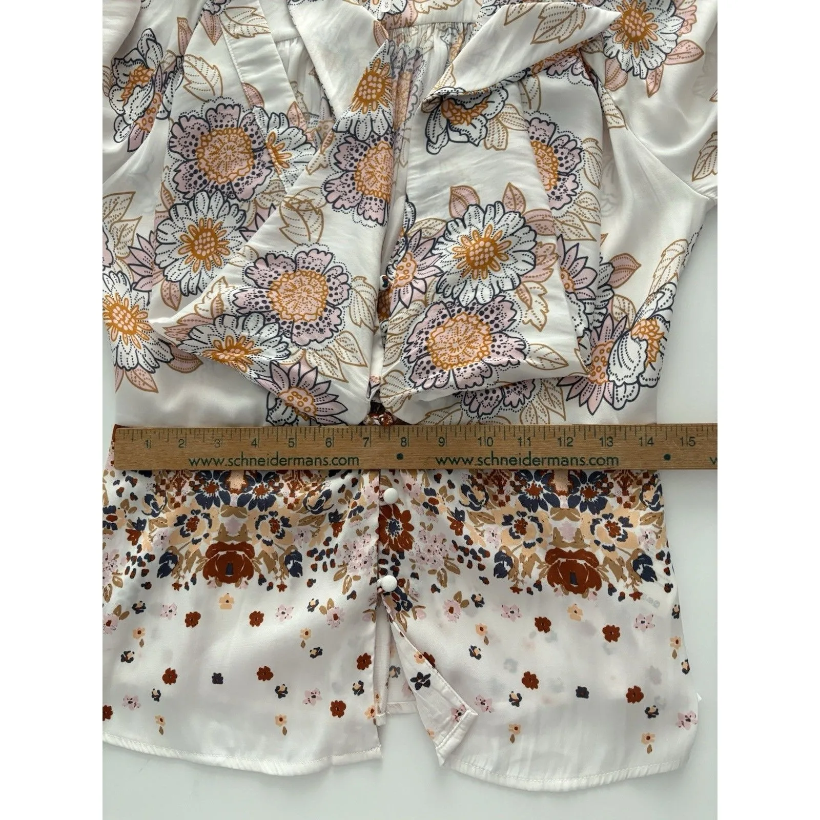 Free People Blouse Womens M White Floral Run Free Balloon Sleeve Tie Front Silky - Image 14