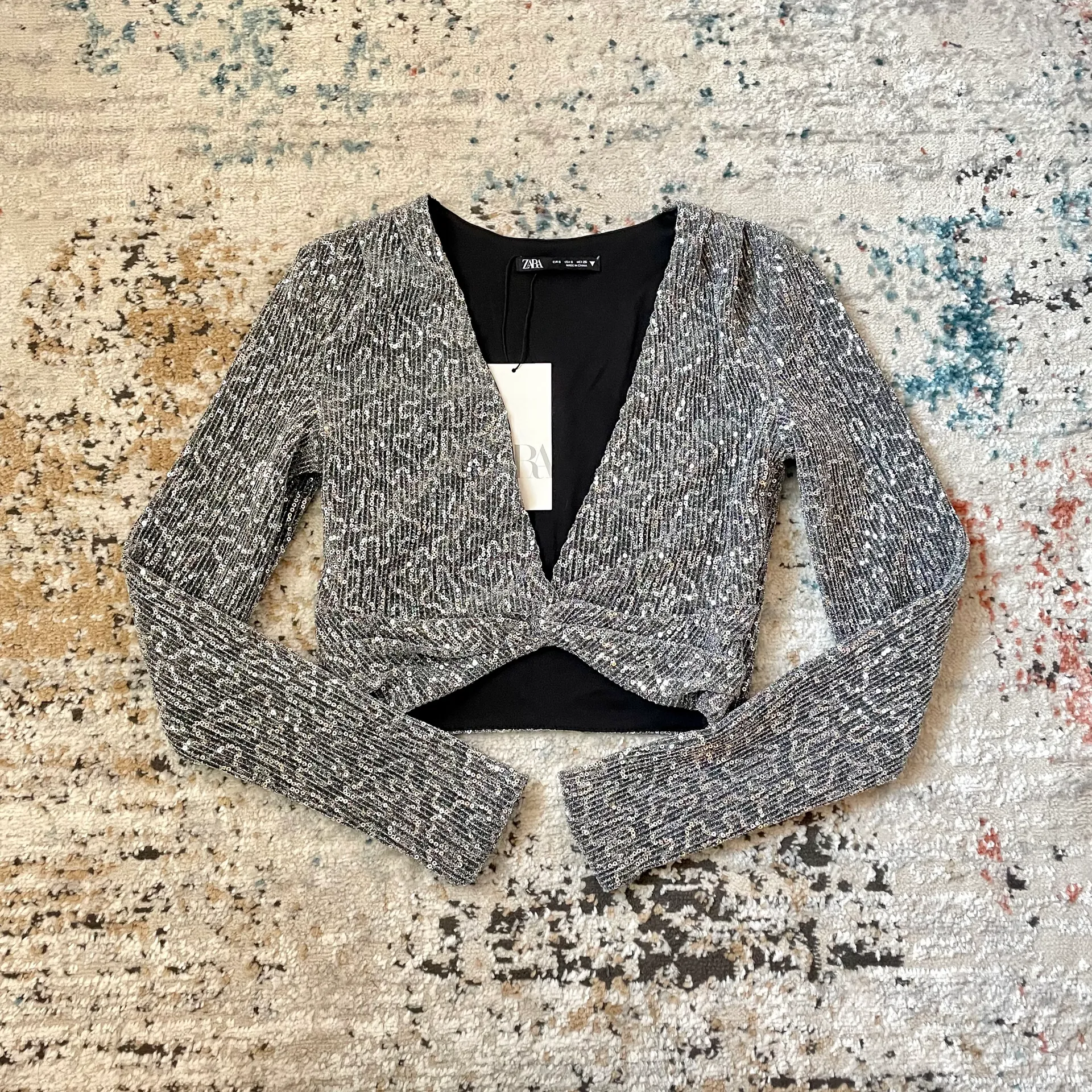 ZARA Silver Sequin Crop Top - Image 3