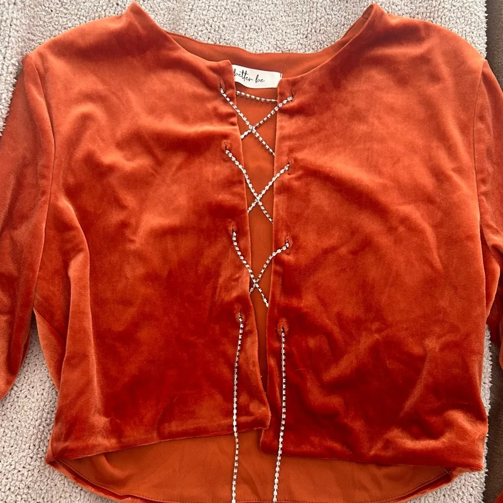 Orange velvet velour rhinestone lace up front crop top - Image 2