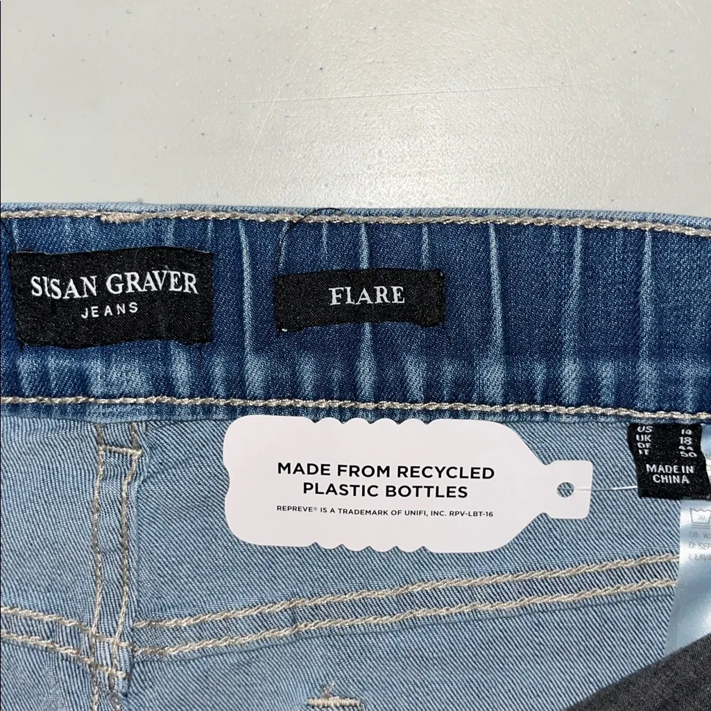 Susan Graver NWT Size 14 Blue Denim Regular Stretch Pull On Flare Jeans - Image 4