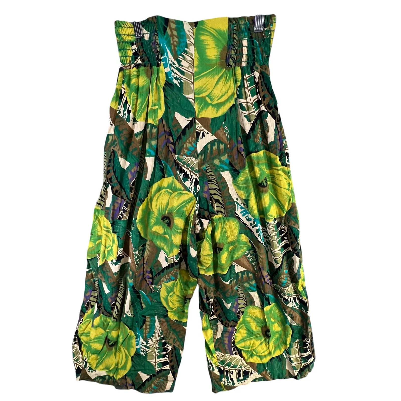 Melrose Vintage 80s Pants 8 Green Tropical Floral Wide Leg Crop Smocked Retro - Image 4