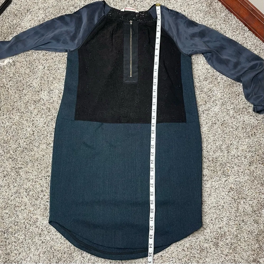Rebecca Taylor Blue Black Lace Tweed Silk Quarter Zip Long Sleeve Mini Dress 2 - Image 8