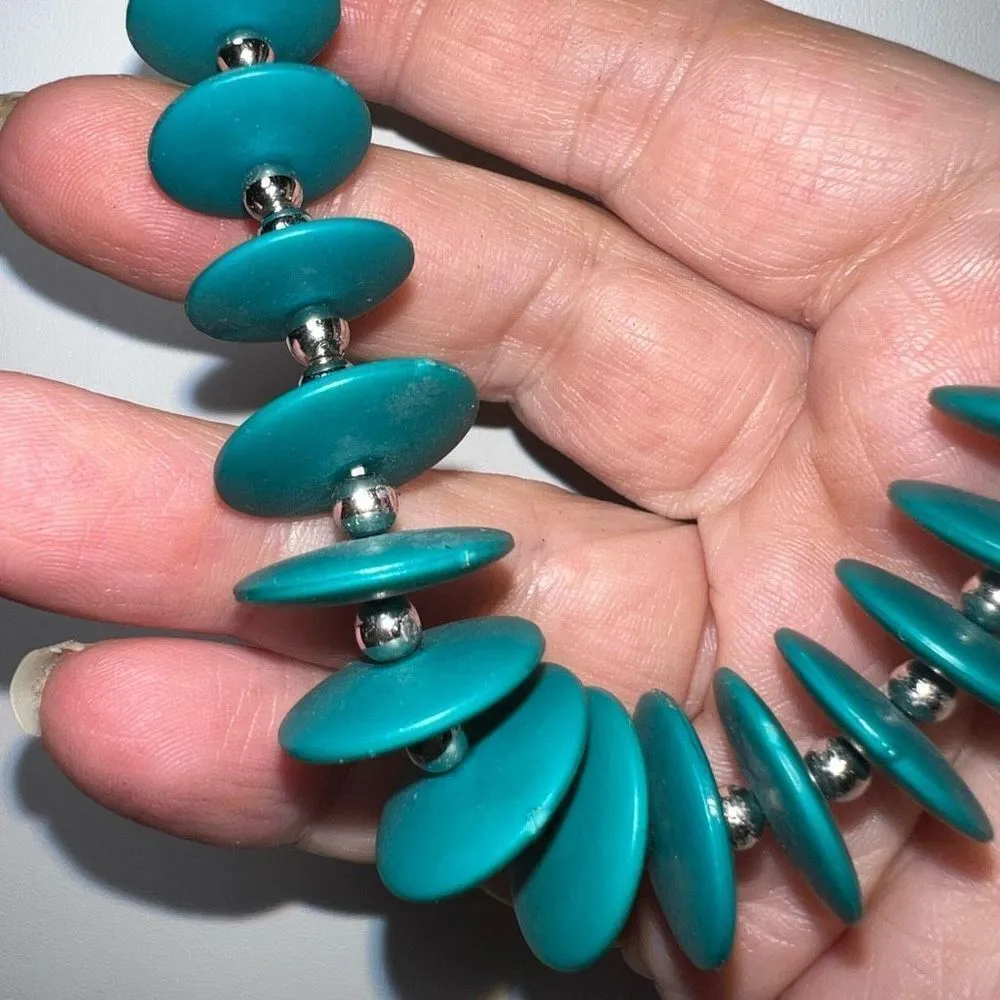 Silver Tone Bead And Turquoise Disc Boho Necklace - Image 3