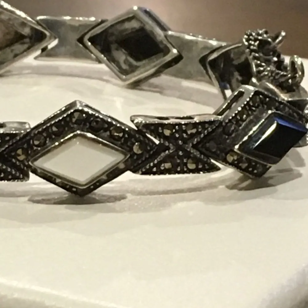 Art Deco Black Onyx Mother of Pearl Sterling Silver Marcasite Bracelet - Image 4