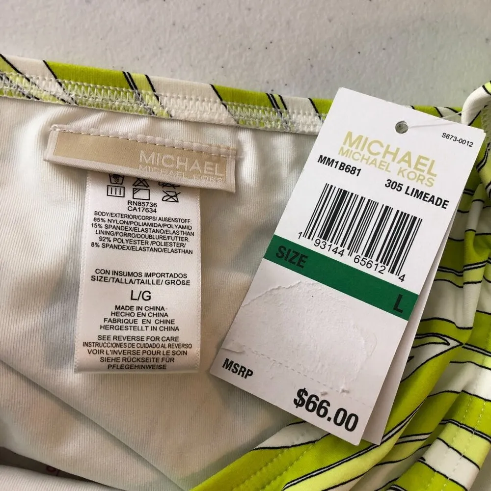 Michael Kors Bikini Bottom Ring Detail Striped Limeade Green L - Image 5