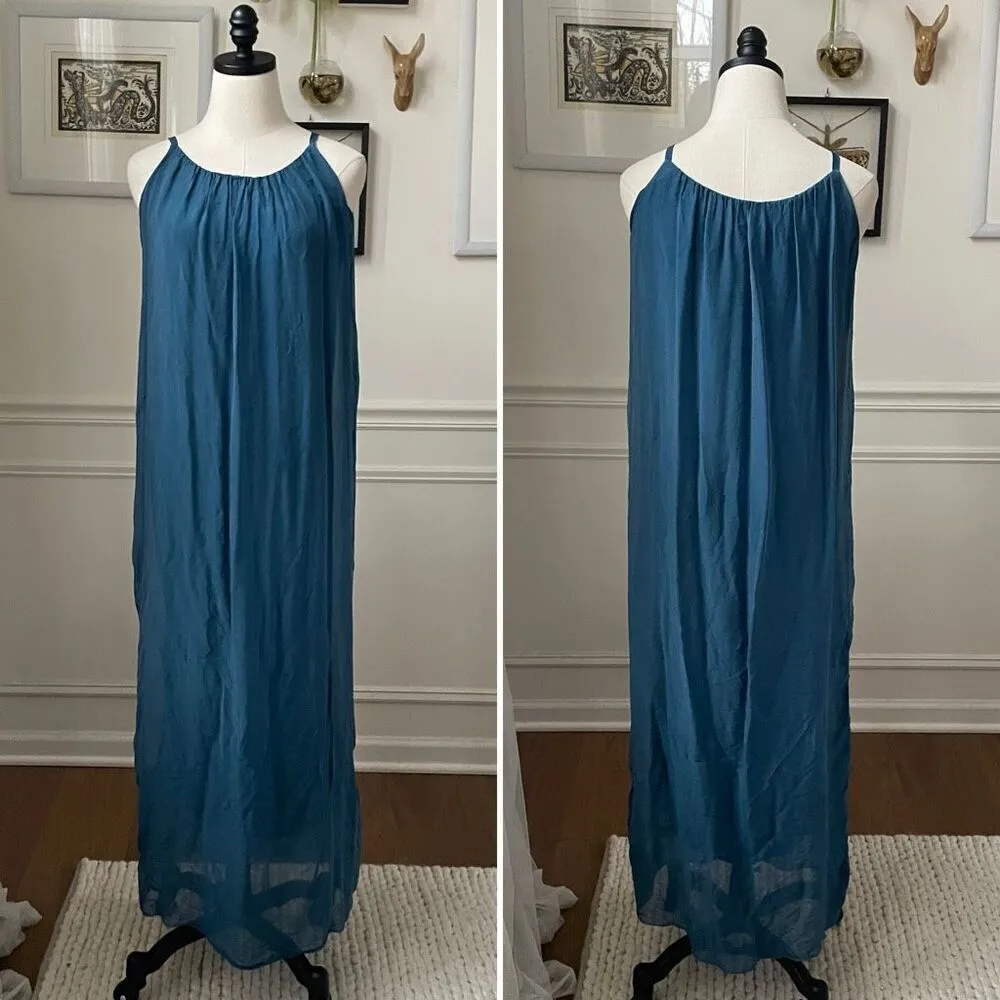 Gigi Moda Italy Venus Silk Maxi Dress Teal Blue M L $115 OSFM Size M - Image 3