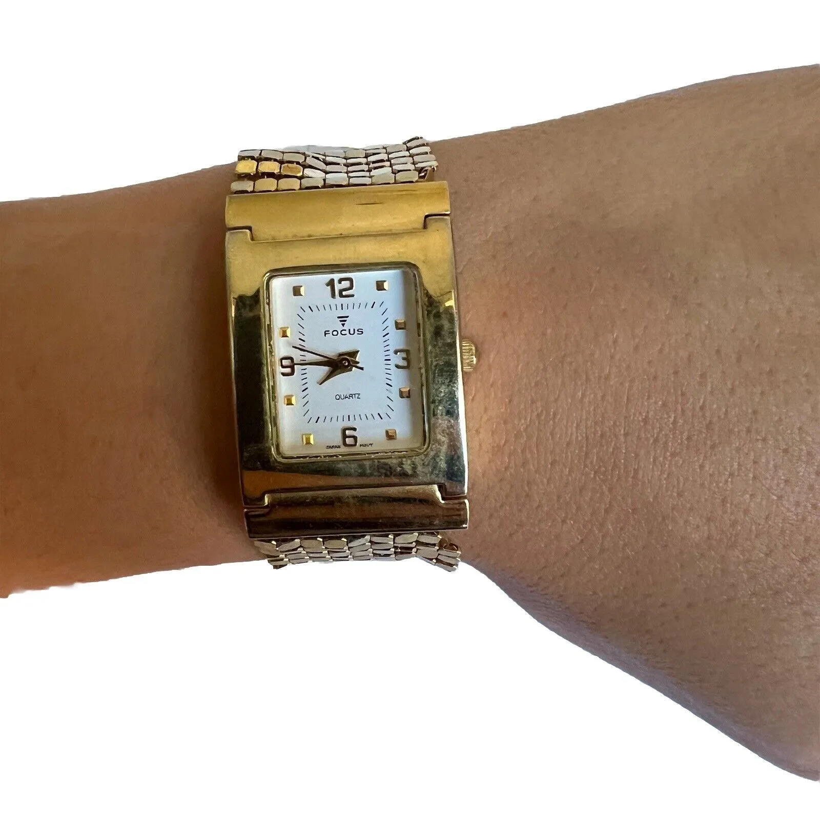 Vintage Mesh Band Gold Tone Watch Bracelet with Foldover Clasp Rectangular Face - Image 2