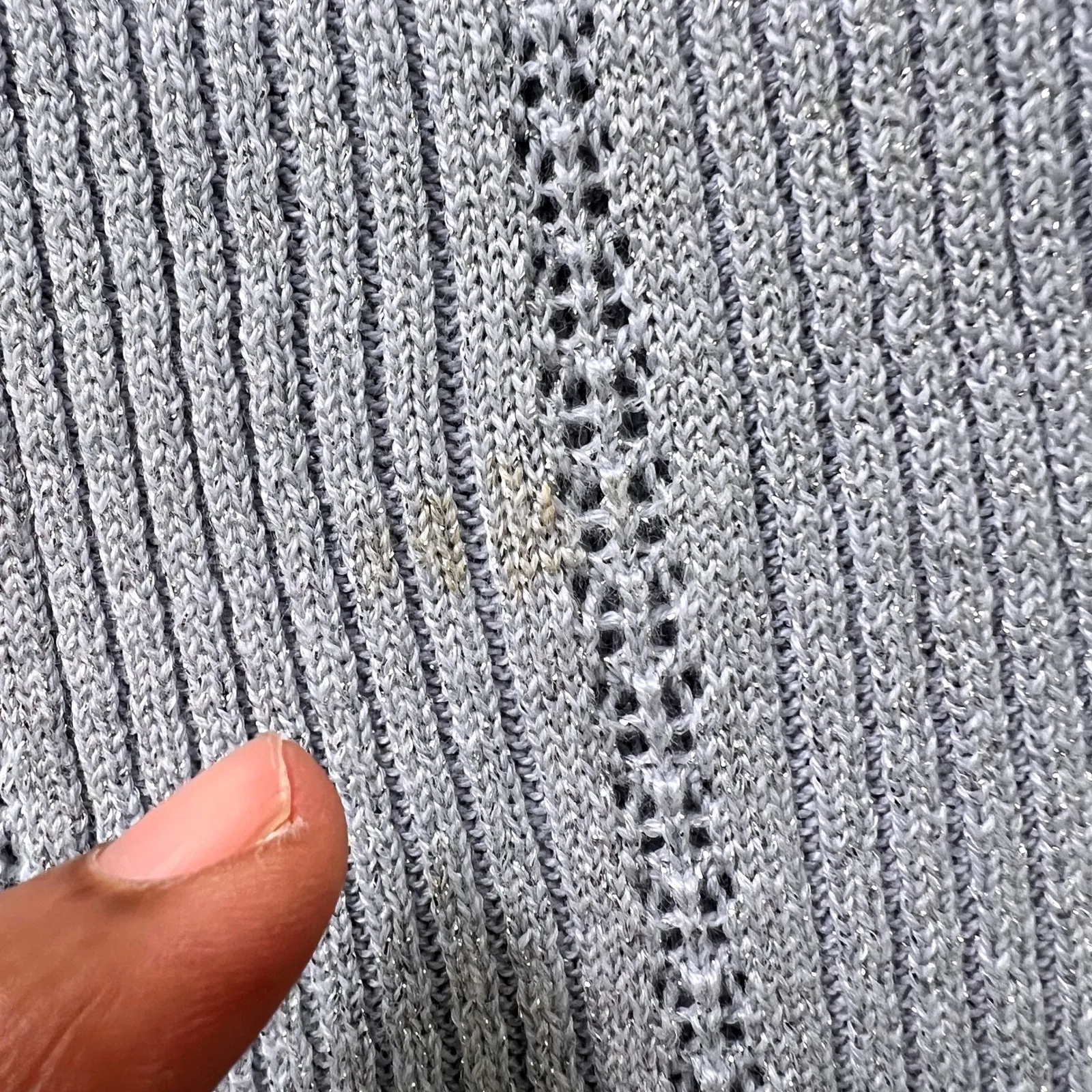 Quacker Factory Sparkle V-Neck Embellished Knit Silver Metallic Ribbed Sweater - Image 9