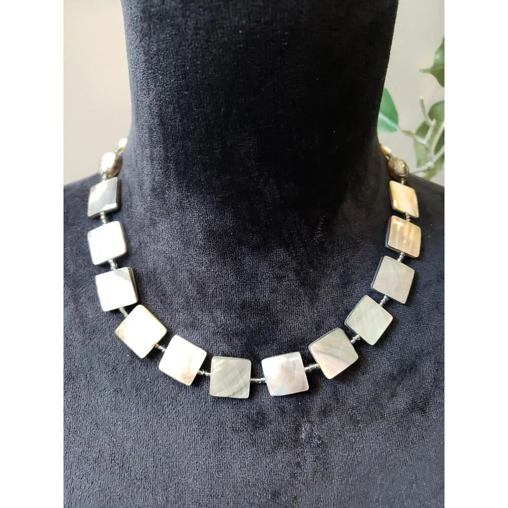 Women Mother of Pearl Shell Tile Beaded Necklace Square Iridescent Natural Tones Silver - Image 2