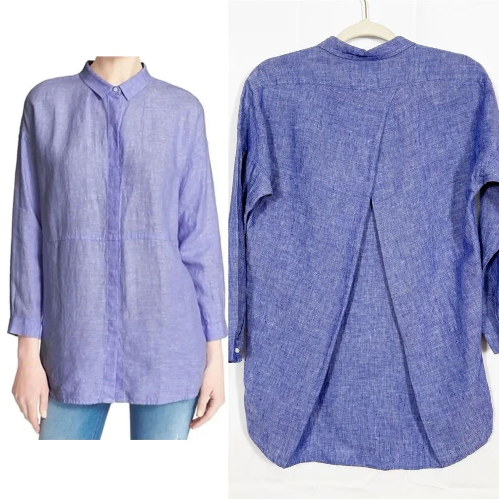 AYR The Coastline Linen Button Down Tunic Top Indigo Blue Coastal Lagenlook - Image 2