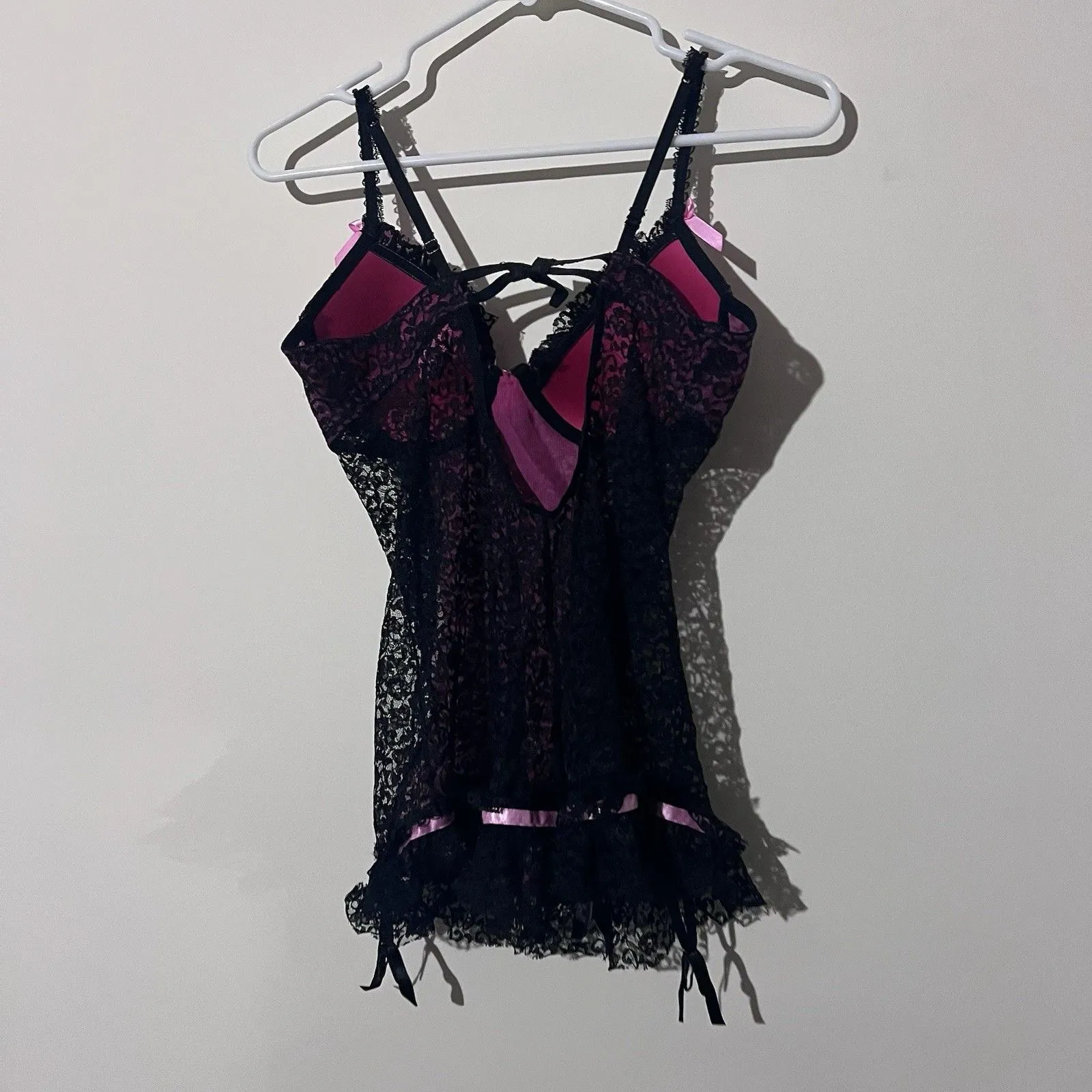 Victorias Secret Black & Pink Lace Babydoll Lingerie With Satin Bows 36C #8107 - Image 5