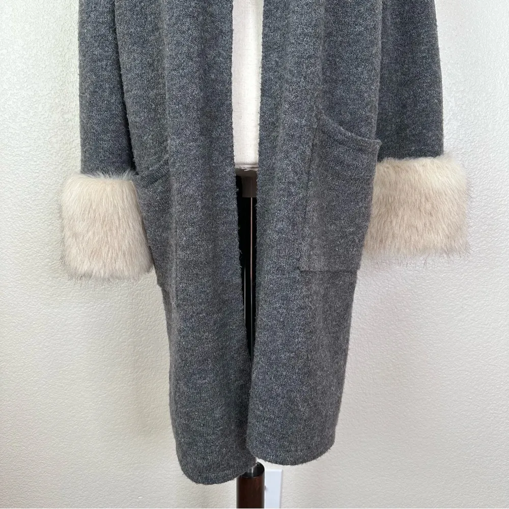 Patrizia Luca Milano Wool Blend Gray Hooded Faux Fur Cuffs Cardigan, Size XL - Image 3