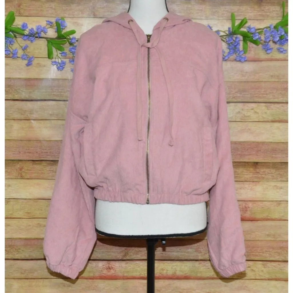 MINE Ladies Dusty Rose Pink Crop Corduroy Hooded Jacket Size L Full Zip Hoodie Size L - Image 7
