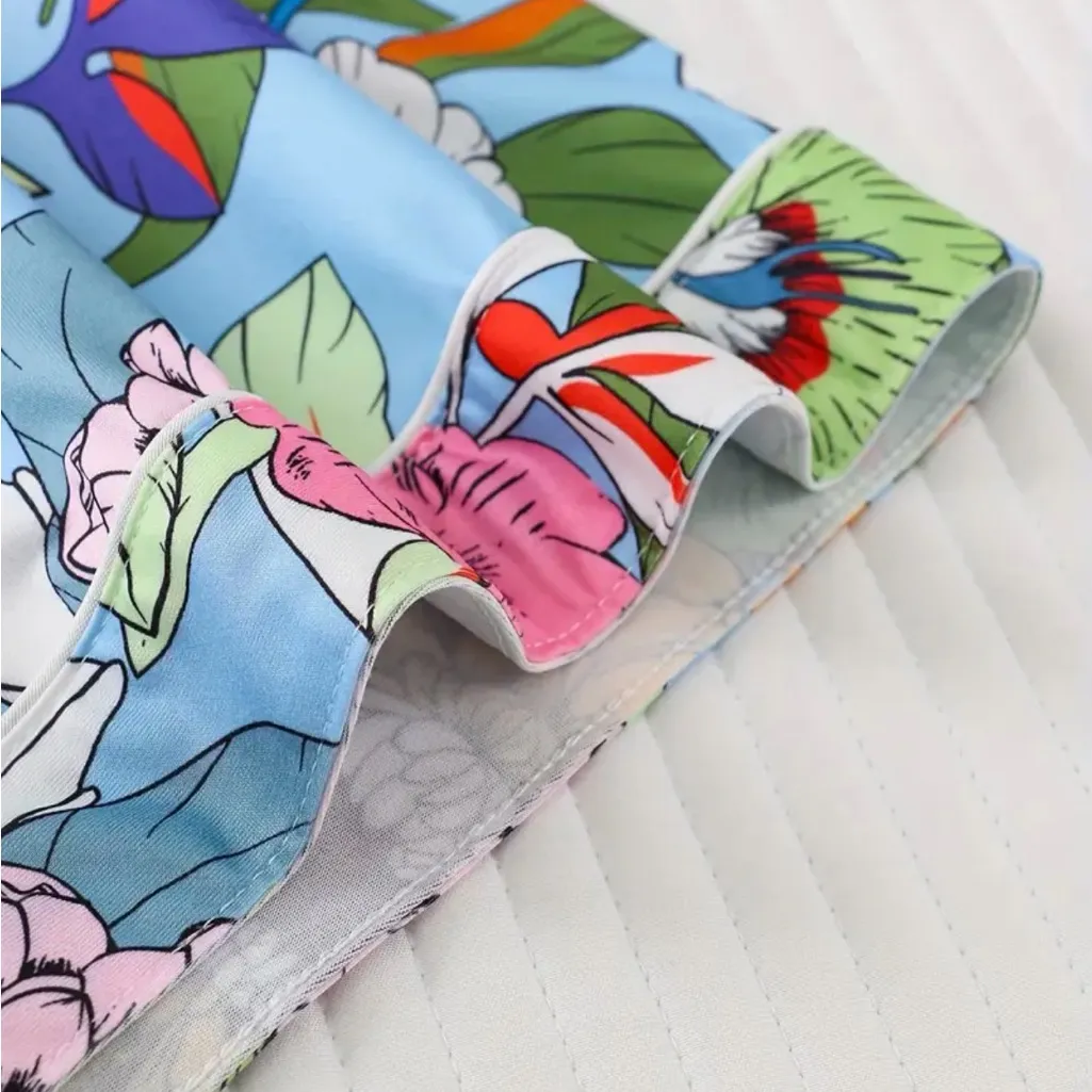 Bright Floral Pajama Set – Short Sleeve Button Top + Shorts – Size XL Blue - Image 9