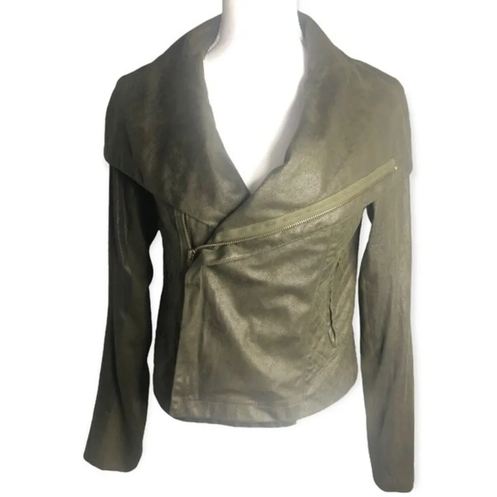 Love Marks Olive Green Faux Suede Quilted Moto Jacket - Image 2