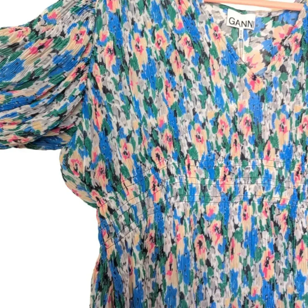 Ganni Floral Tent Dress Blue Green Midi Length Modest Pleated - Image 6