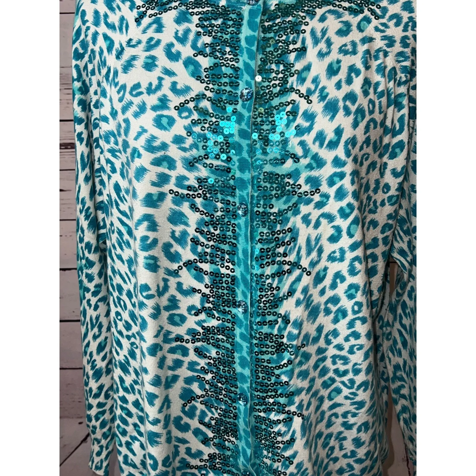 Quacker Factory Cardigan knit sweater leopard sequin Medium Rhinestone QVC - Image 8