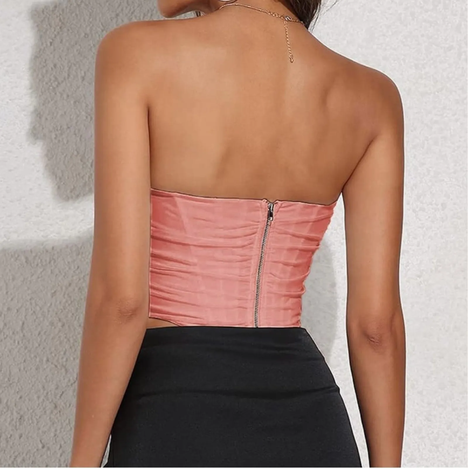 Salmon orange pink mesh ruched strapless corset top bustier SMALL - Image 6
