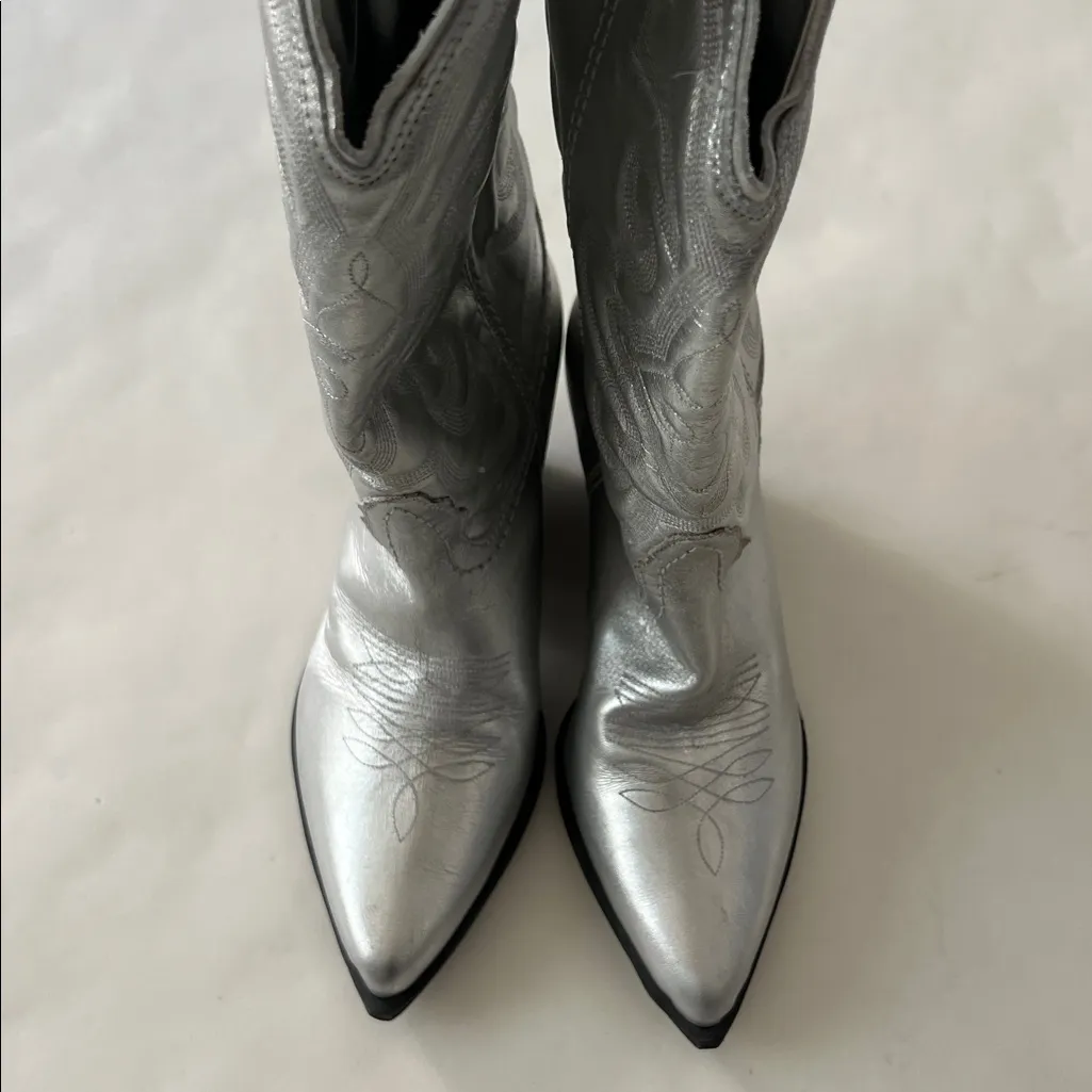 Steve Madden West Silver Cowboy Boots Pointed Toe Metallic 6M - Image 7