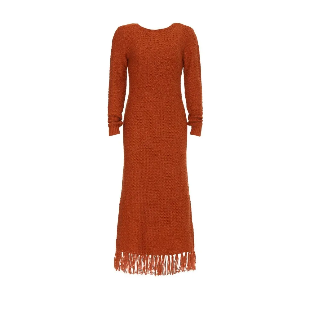 Pamela Love Orange Fringe Long Sleeve Knit Sweater Midi Dress Size XL - Image 5