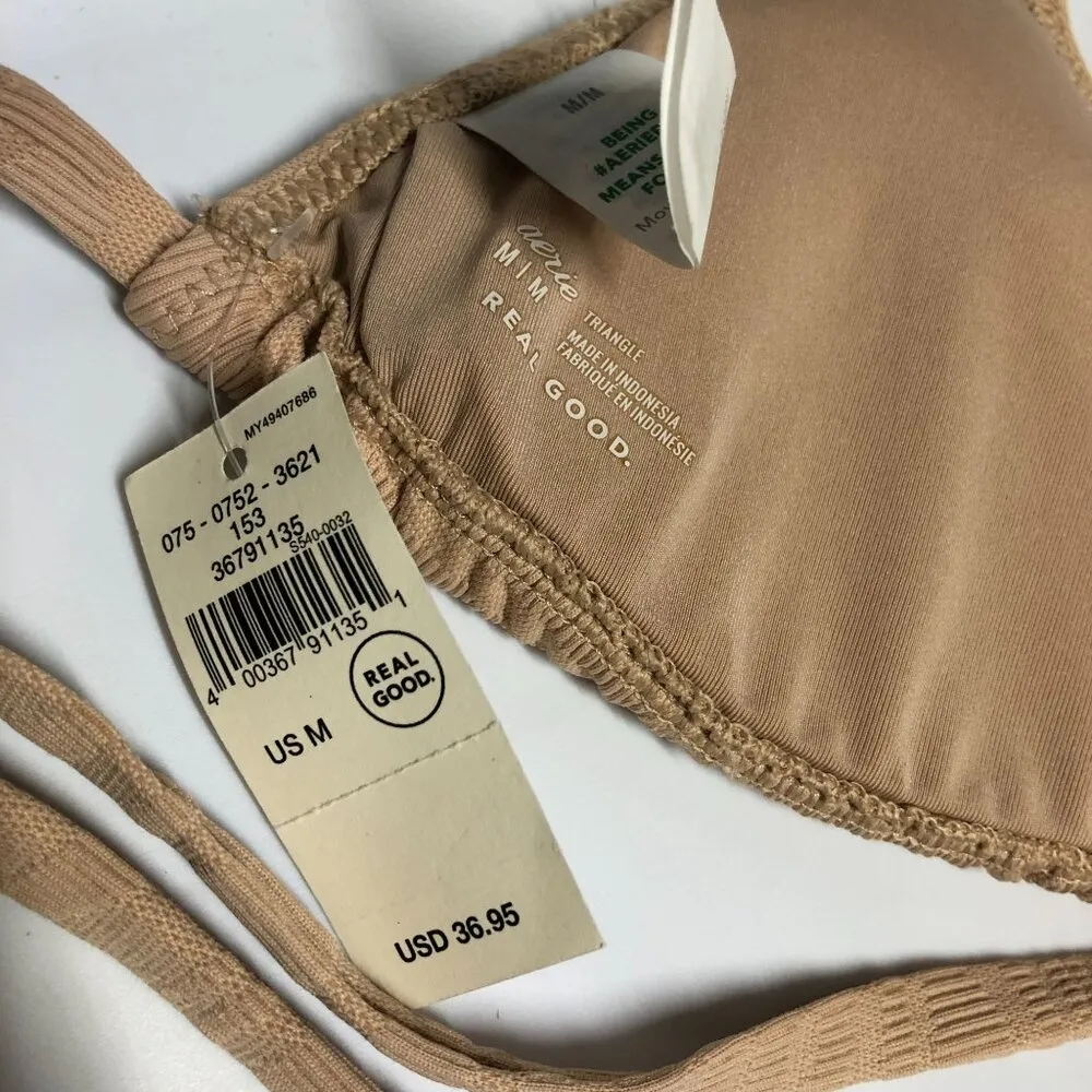 Aerie Bikini Top Triangle String Ties Removable Cups Textured Wavy Beige M - Image 3