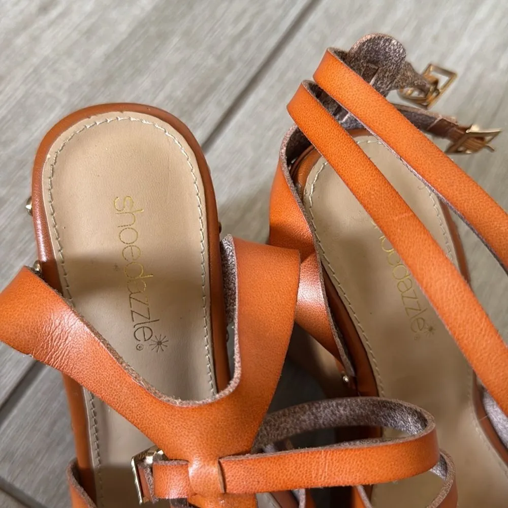 ShoeDazzle Graceann Studded Platform Sandals 7 Tan Brown Block Heel‎ - Image 3