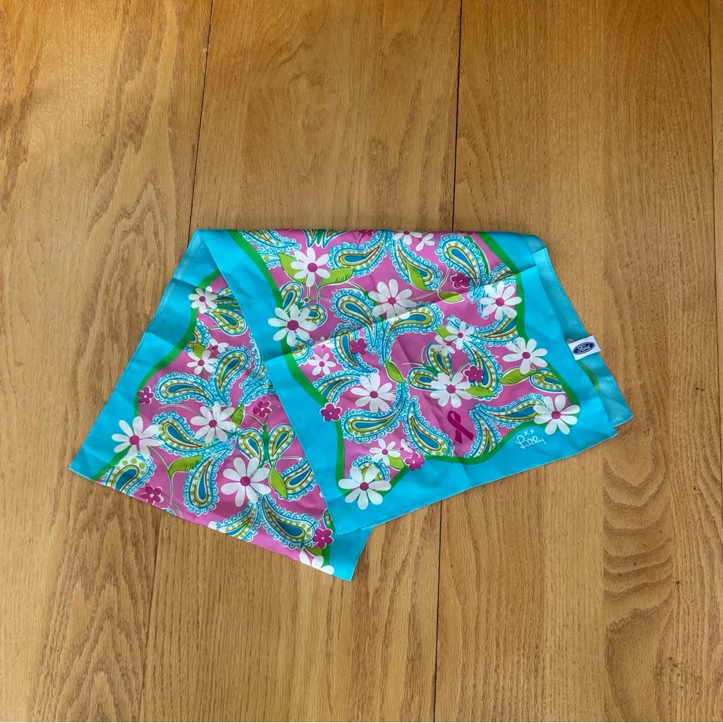 Lilly Pulitzer x Ford 100% Silk Scarf Breast Cancer Awareness Floral Paisley 55" Blue - Image 2