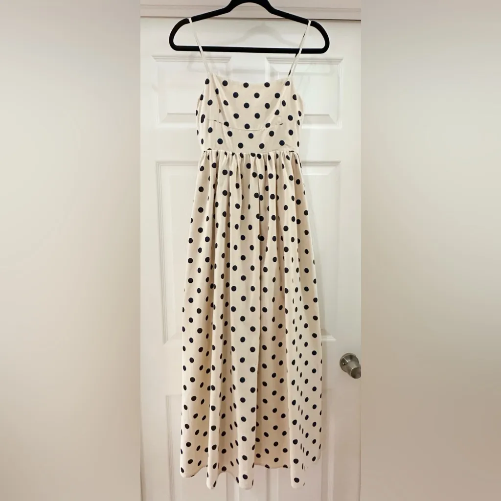 NEW Talulah Cannes Polka Dot Maxi Dress Tan Navy Blue Poplin sz Small - Image 3