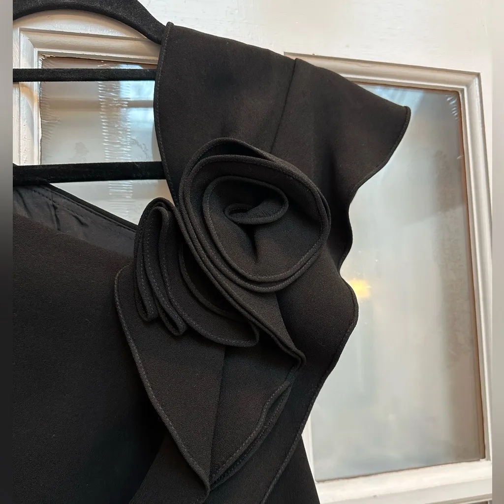 RICKIE FREEMAN FOR TERI JON Asymmetric Neck Crepe Dress Side Ruffle Size 2 XS Black - Image 4