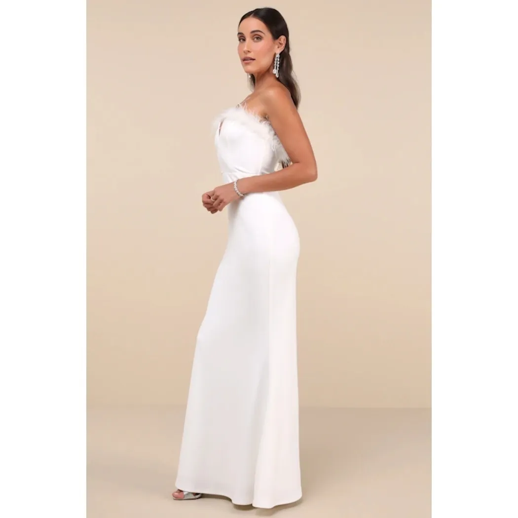 NWT Lulus Extraordinary Glam White Feather Strapless Mermaid Maxi Dress Bride L - Image 8