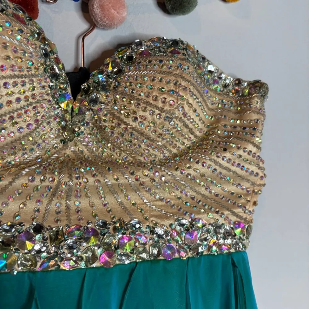 Sherry Hill strapless embellished formal dress Style 1928 in Teal - Image 4