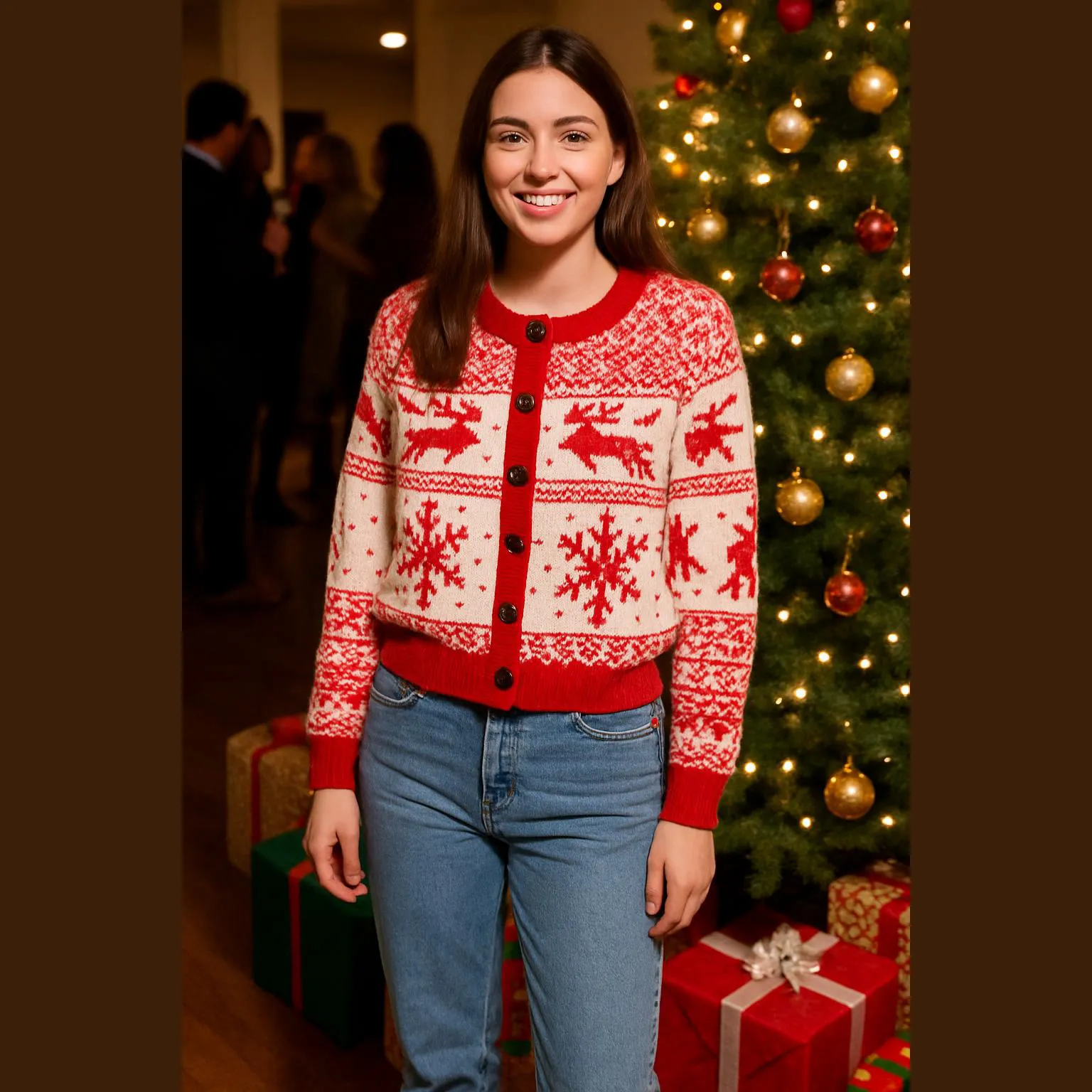 Vintage Red and White Women's Cardigan Sweater Snowflake and Reindeer Design Size M - Image 2