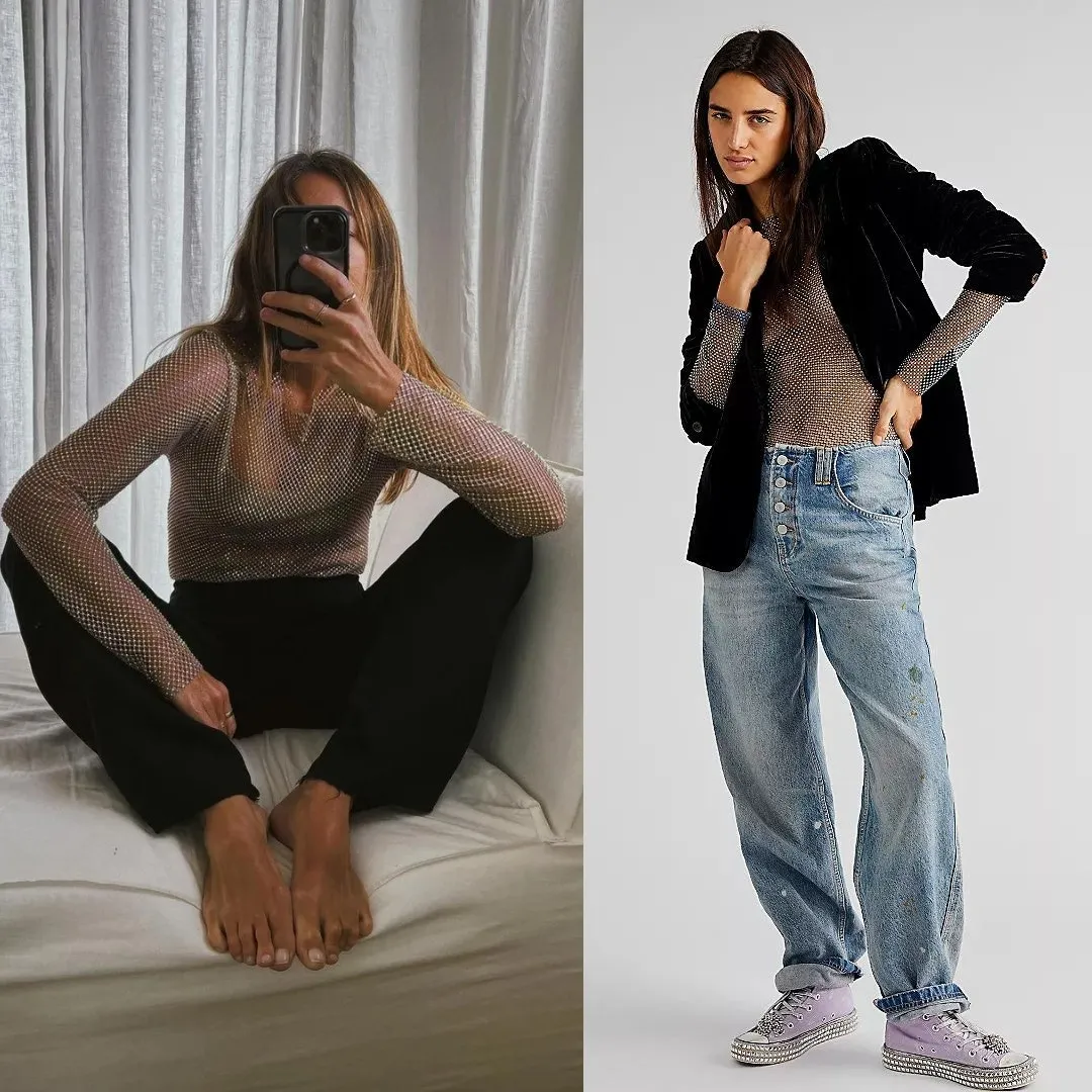 NEW Free People Women's Navy Filter Finish Long Sleeve Metallic Mesh Small Punk - Image 3