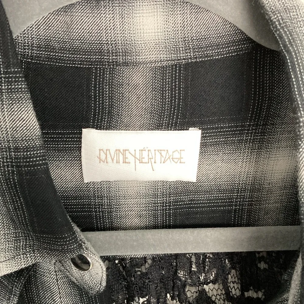 Divine Heritage Revolve Lace Button Front Plaid Shirt Gothcore Ruffles Medium Gray - Image 2
