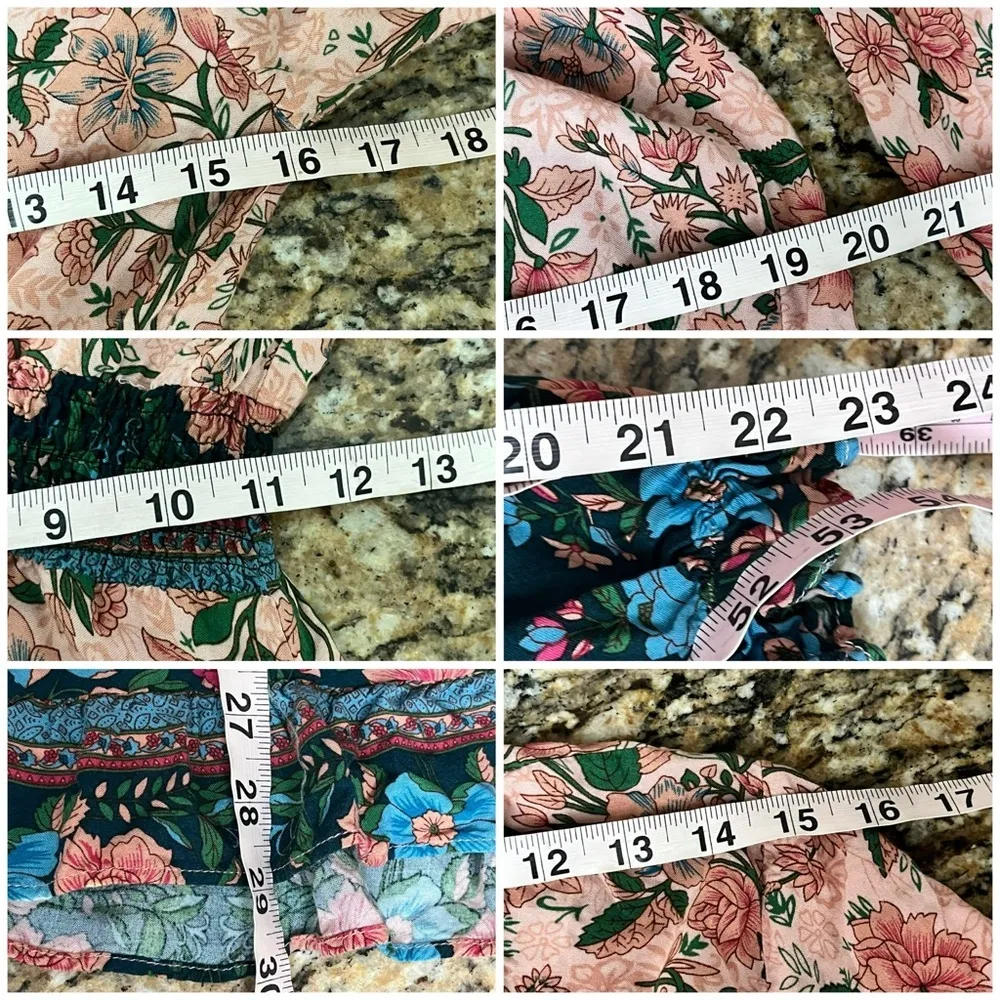 Miss Sparkling Pink Floral Boho Mini Dress M | Long Sleeve Ruffle Hem Peasant Tan Size M - Image 6