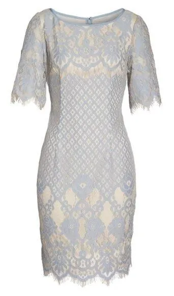 Bell Sleeve Georgia Lace Sheath Cocktail Dress Blue Size 6 - Image 2