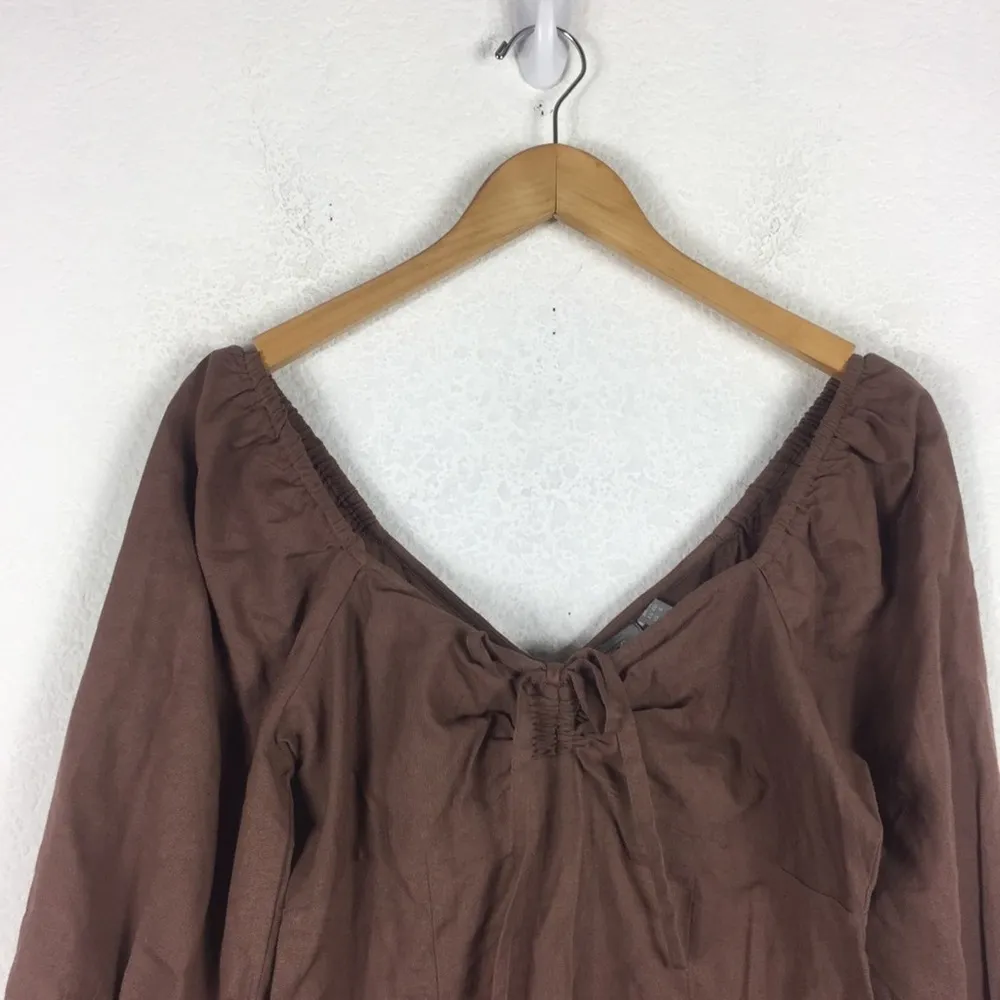 NWT ASOS Design Brown Linen Puff Sleeve Ruched Front Mini Dress Size 8 - Image 5