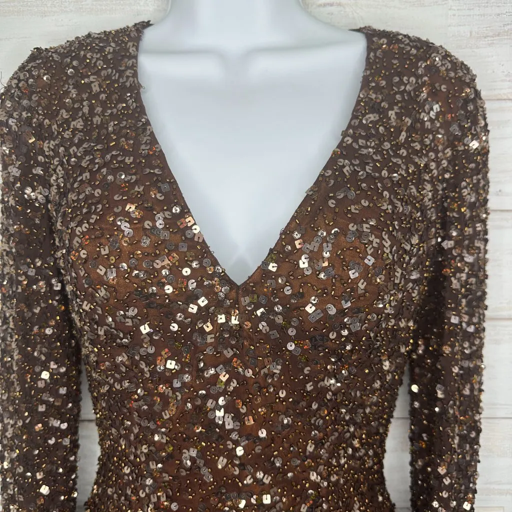 Shail K. Womens Sequin Cocktail Prom Mini Bodycon Dress Long Sleeves Size 2 Brown - Image 3