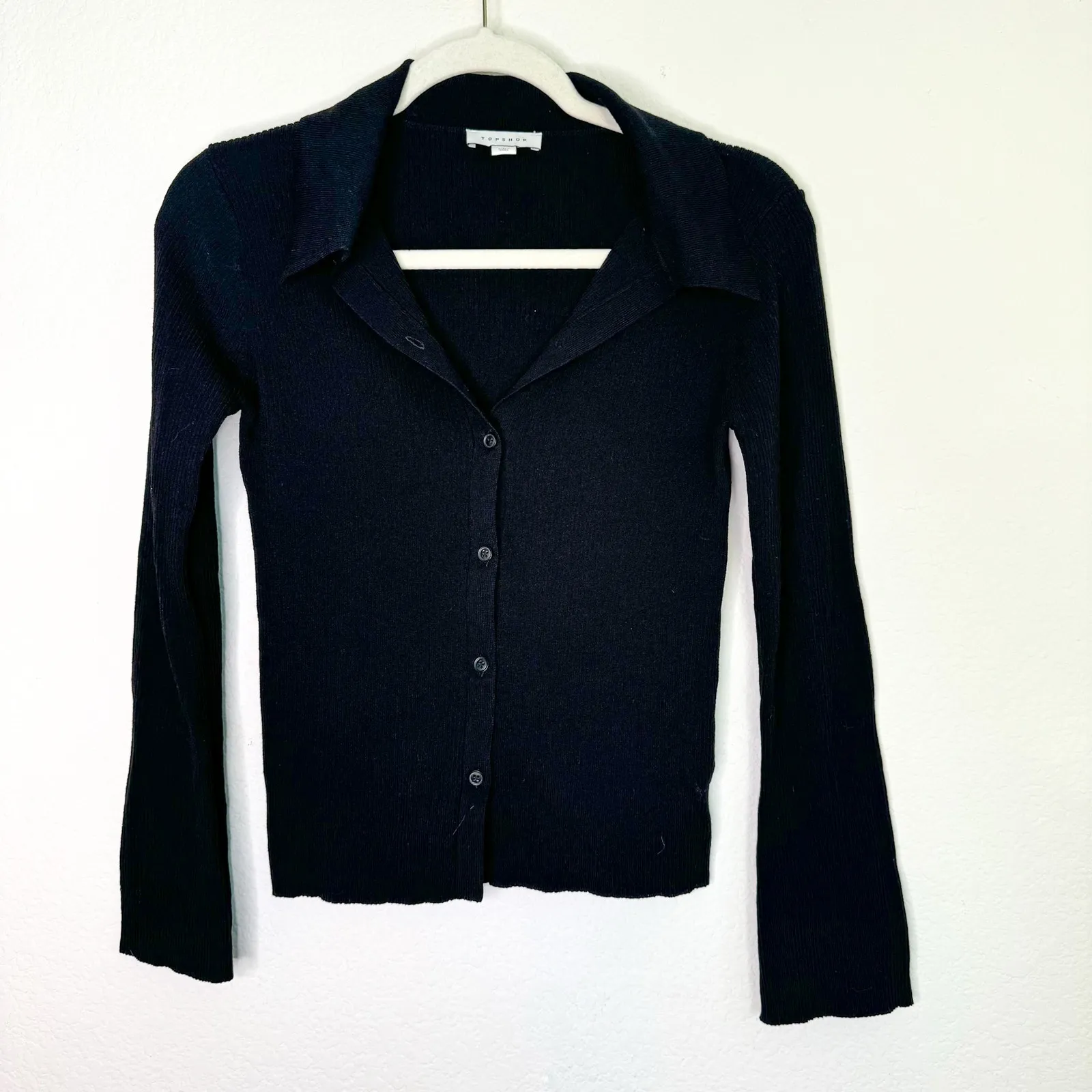 Topshop Black Ribbed Button Front Top - Image 3