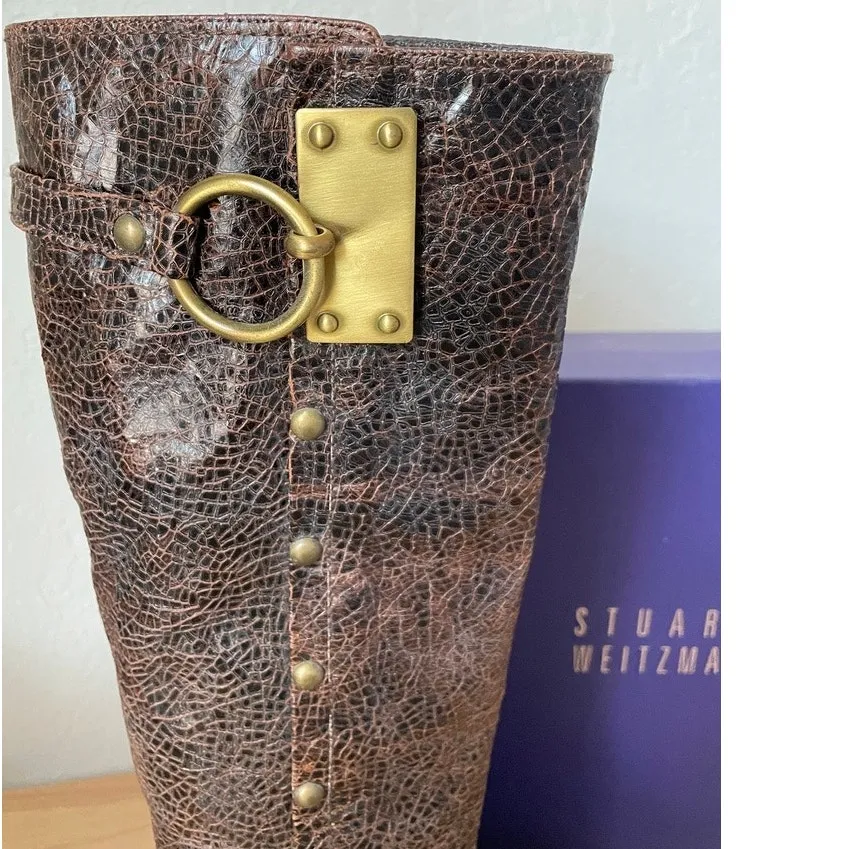 Stuart Weitzman Brown Leather Tall Boots – Brass Ring Hardware – Size 6 - Image 4