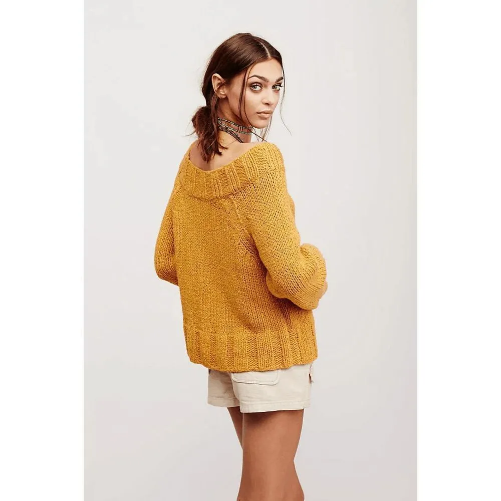 Free People Desert Sun Golden Yellow Beachy Slouch Chunky Sweater Large - Image 10
