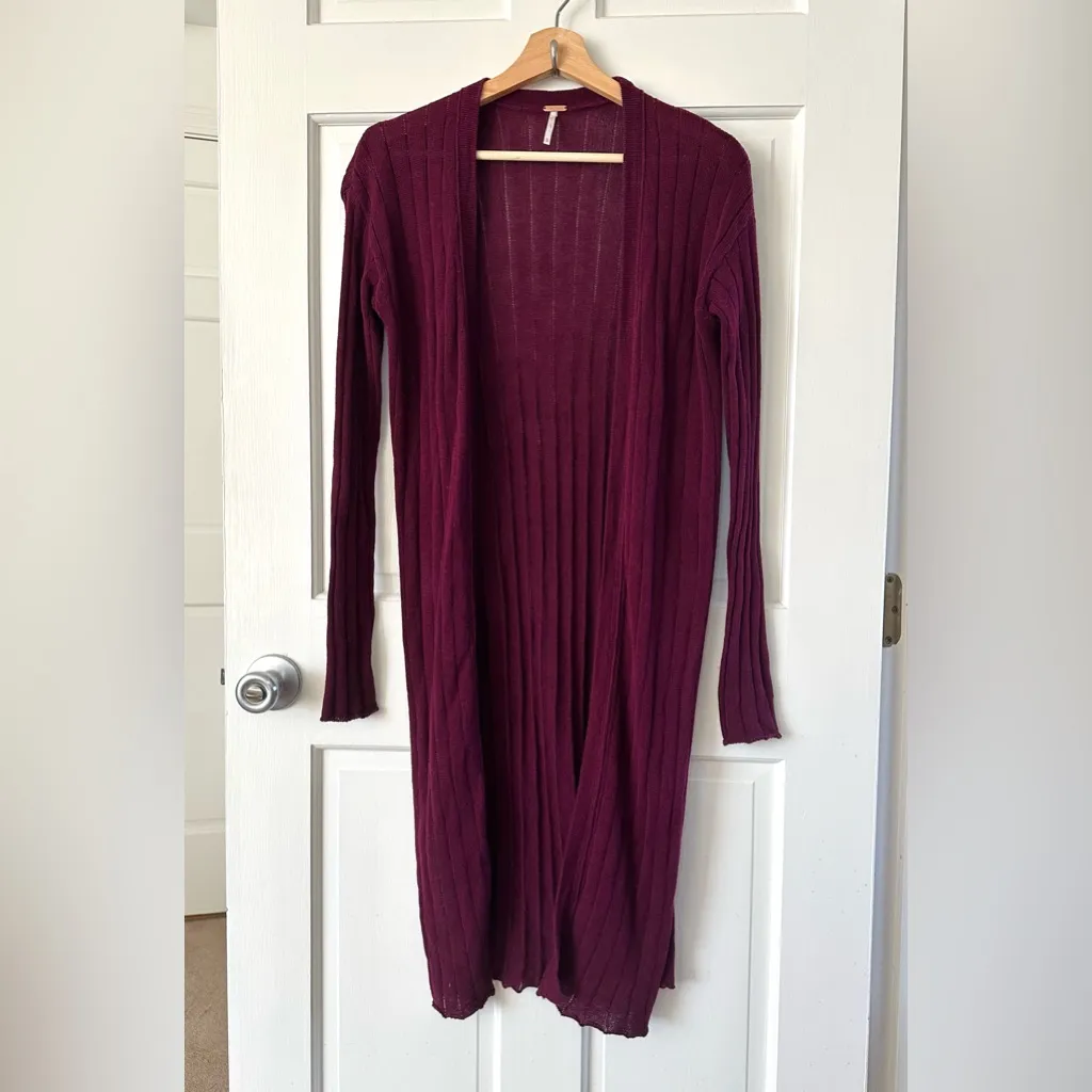 Free People Ribby Rib Duster Cardigan Wine Cotton Linen Sweater Size XS - Image 2