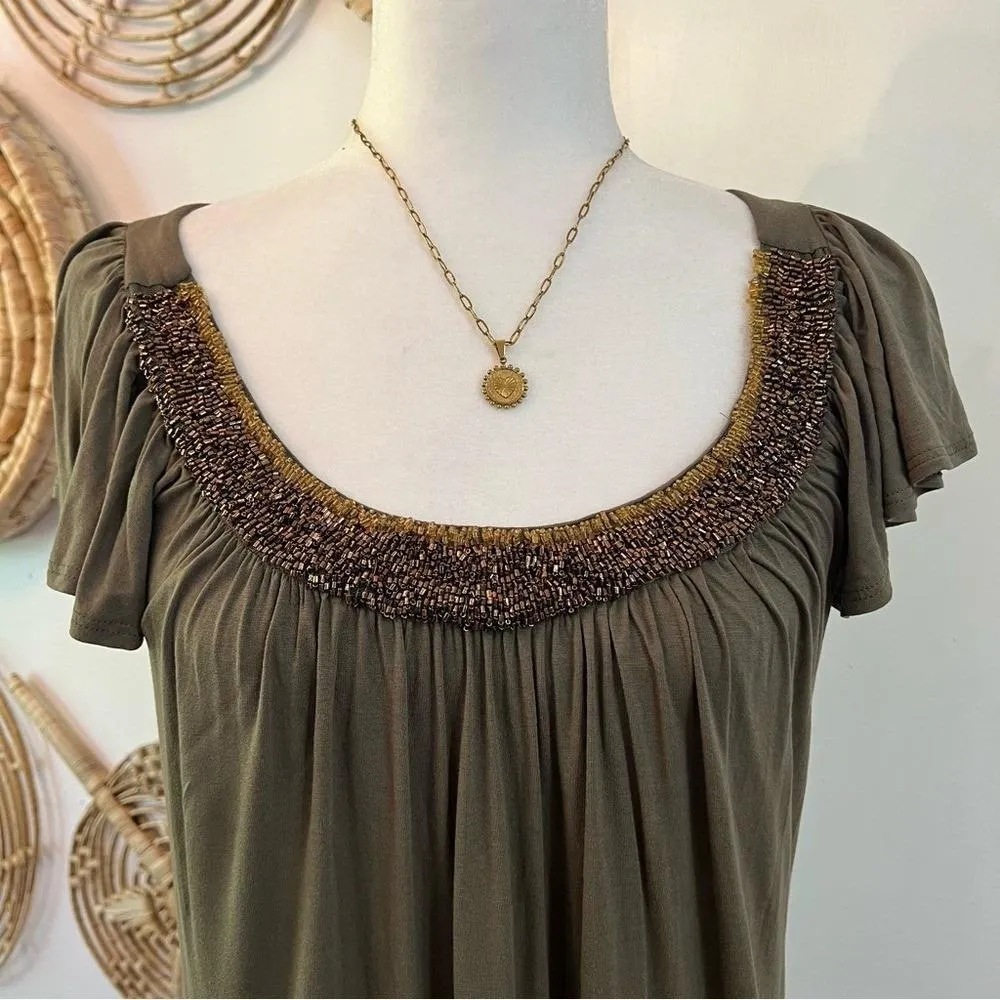 Vintage Boho Peasant Blouse Brown Beaded Neckline Flowy Top USA Made Size M Green Size M - Image 4