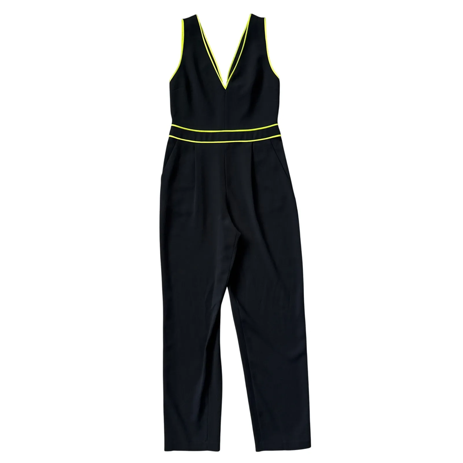 Alice + Olivia  Jeri Piped Jumpsuit Black/Neon Yellow Size 6 - Image 4