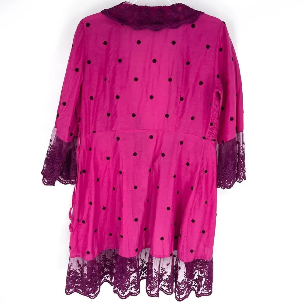 Odd Molly Polka Dot Tie Front Kimono with Lace Trim Magenta Burgundy Size L - Image 3