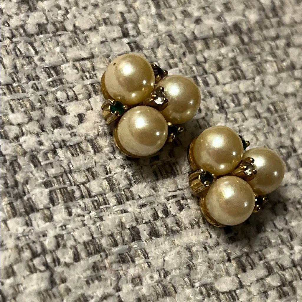 Vintage Faux Pearl and Gold Tone Stud Earrings with Gemstone Accents - Image 2