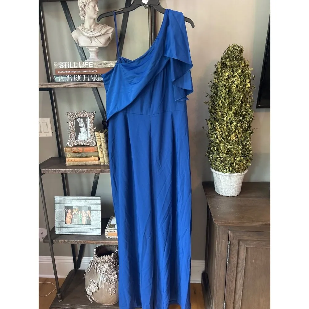 Adrianna Papell Draped One Shoulder Rhinestone Jumpsuit Royal Blue Womens Size 2 - Image 8